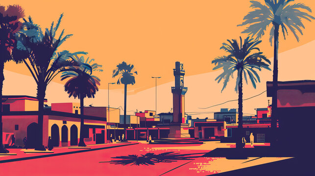 Risograph stencilled riso print travel poster, card, wallpaper or banner illustration, modern, isolated, clear, simple of Kirkuk, Iraq. Artistic, screen printing, stencil