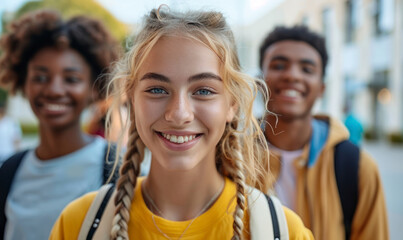 Fototapeta premium Happy diverse students posing together outdoors.