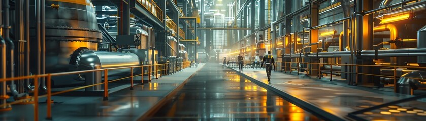 A futuristic cityscape with metal structures and glowing lights.