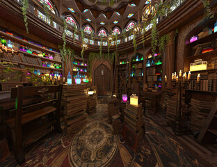 3D rendered image of the interior of a magical tree house like a wizard's hut filled with magical...