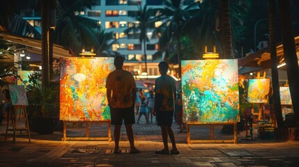 Obraz premium Two men stand in front of two large paintings