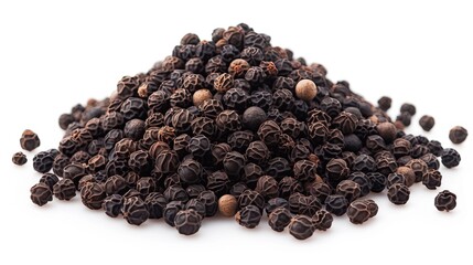 Heap of aromatic black peppercorns, on white background side view