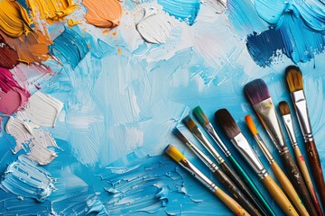 Fototapeta premium Paints, watercolors, brushes and other art supplies, perfect for art school online, copy space, place for text