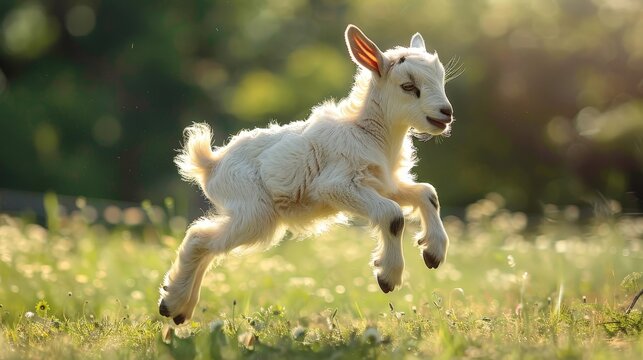 A baby goat leaping in a sunny meadow, morning light