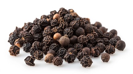 Obraz premium Heap of aromatic black peppercorns, on white background side view