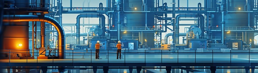 Fototapeta premium Industrial facility with machinery and workers.