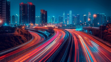 Obraz premium City Highway at Night with Light Trails.