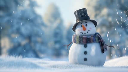Obraz premium Cheerful Snowman with Scarf in Winter Wonderland.