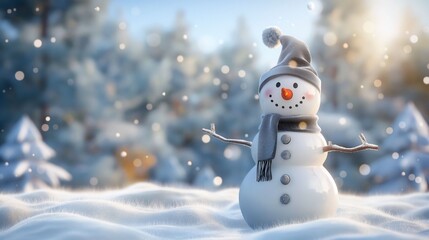 Fototapeta premium Cheerful Snowman with Scarf in Winter Wonderland.