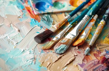 Fototapeta premium Paints, watercolors, brushes and other art supplies, perfect for art school online, copy space, place for text