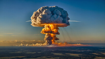 Dramatic nuclear explosion scene with a towering mushroom cloud rising into the sky over a deserted landscape.