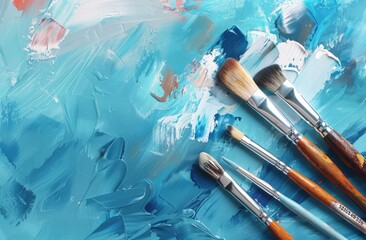 Fototapeta premium Paints, watercolors, brushes and other art supplies, perfect for art school online, copy space, place for text