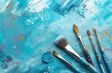 Fototapeta premium Paints, watercolors, brushes and other art supplies, perfect for art school online, copy space, place for text