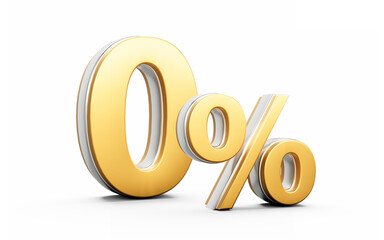 Shiny Golden 0% Zero Percent Sign With Sleek Metallic Gleam On White Background 3D Illustration