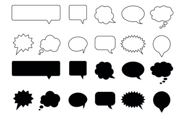 Black speech bubble collection. Set of speech bubble. Fill and thin outline Speech bubble comic icons. Vector illustration isolated on white background.