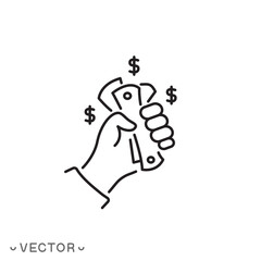 hand with dollars icon, money icon, finance symbol, thin line symbol isolated on white background, editable stroke eps 10 vector illustration