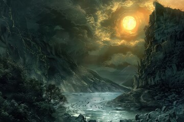 Mystical moonlit landscape with ruined castle and river