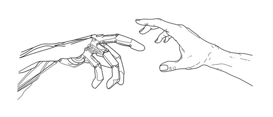 Robot hand touch human sketch. Technology artificial arm of future touching human arm line art. Digital computer creation concept. Science tech vector illustration in black outline style