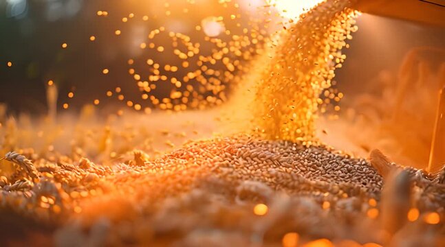 A harvester is pouring grain into the back of an open truck, with golden wheat fields in the background.