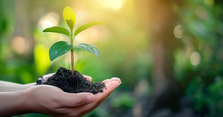 Hands gently holding a seedling with soil, symbolizing growth and nurturing, set against a lush green background.