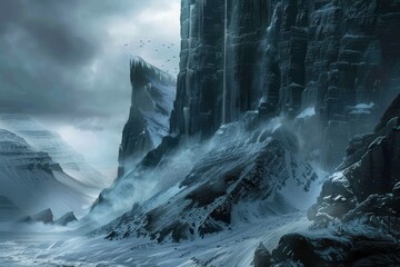 Towering icy cliffs in frozen mountain landscape with snow and mist