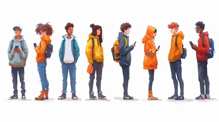 Obraz premium vector, illustraiton, Isometric people and gadgets. Young men and women characters with smartphones and gadgets. Vector modern freelance business people on white backgroun