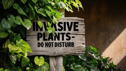 Invasive Plants Warning Sign in Lush Garden

