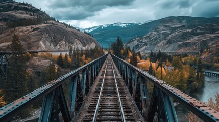 Steel bridge with train tracks crossing over a valley surrounded by mountains