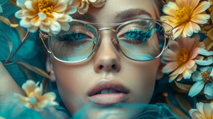 Fototapeta premium Portrait of woman with floral sunglasses and makeup