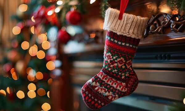 Festive Christmas stocking hanging on decorated fireplace