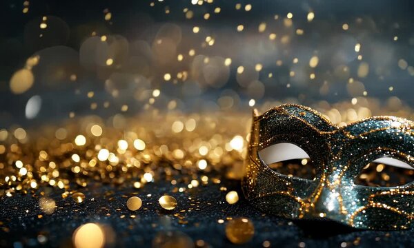 Festive mask with golden glitter amidst sparkling confetti