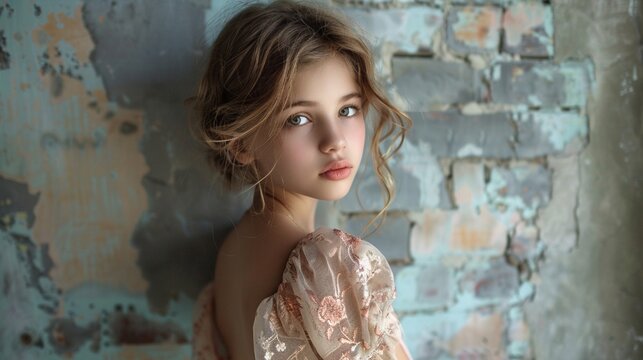 young girl poses gracefully against a rustic backdrop,her expression serene and her eyes captivating