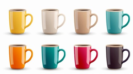 insulated coffee mug isolated on white background, Set of colored mugs, vector illustration, realistic mug design 