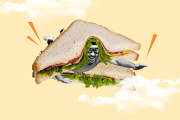 Composite collage image of funny man flying sky sandwich superhero lunch food fantasy billboard comics zine minimal