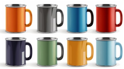 insulated coffee mug isolated on white background, Set of colored mugs, vector illustration, realistic mug design 