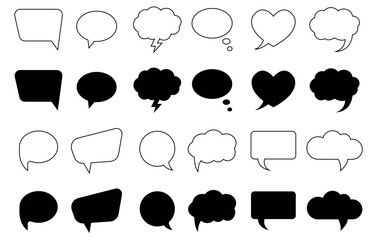 Collection of Black Fill and thin outline speech bubbles. Set of speech bubble. Comic icons. Vector illustration isolated on white background.