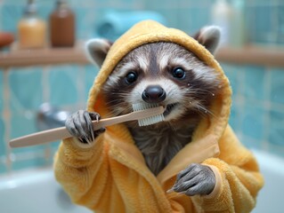Raccoon in a Yellow Bathrobe Brushes Teeth in a Cozy Bathroom Setting