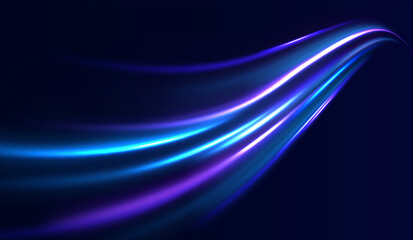 Glowing spark swirl trail tracing on dark blue background. Abstract light lines of movement and speed. Light line moving with speed.
