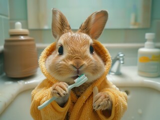 Adorable Rabbit in Cozy Bathrobe Brushing Its Teeth in a Bright Bathroom