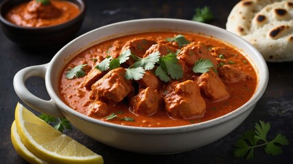 Butter Chicken Curry with Naan and Lemon Wedges
