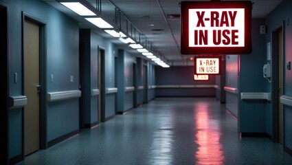 Hospital Corridor with X-Ray in Use Sign Illuminated
