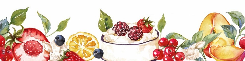 Delightful Cottage Cheese Dessert with Fresh Fruits and Berries. Hand-drawn Watercolor Illustration of Homemade Sweet and Healthy Snack