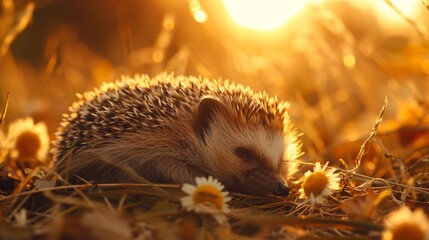 A baby hedgehog curled up in the morning sun