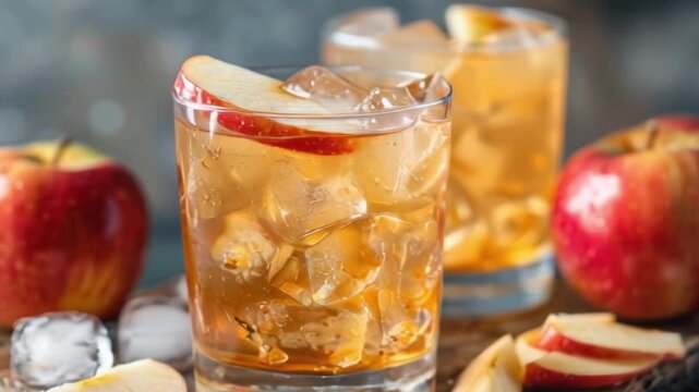 A chilled glass of apple cider with ice cubes and fresh apple slices on a table