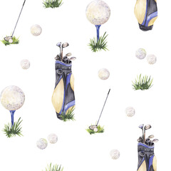seamless pattern with golf bags, clubs, balls,