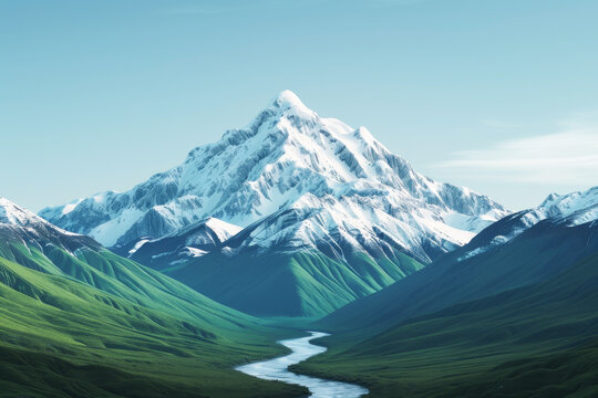Breathtaking mountain view with snow-capped peaks and lush green valleys under a clear blue sky.