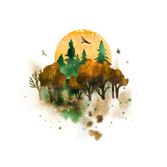 Autumn vector landscape with forest, sun and birds  isolated on white dackground. Morning haze in the forest. Watercolor nature hand drawn illustration with splashes