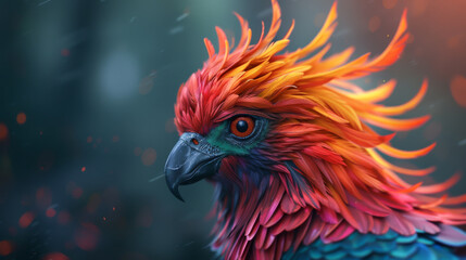 Fototapeta premium Vibrant and colorful bird with fiery feathers, showcasing intricate details and a captivating gaze in a mystical forest setting.