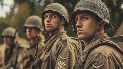 Fototapeta premium A historical reenactment with soldiers in World War II uniforms