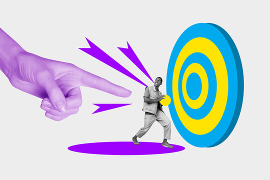 Composite collage image of finger point hit target darts board marketing fantasy billboard comics zine minimal